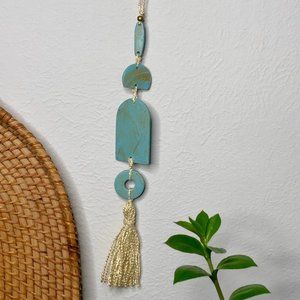 Hand Crafted Turquoise Blue and gold marbled Clay Wall Art Hanging with tassel